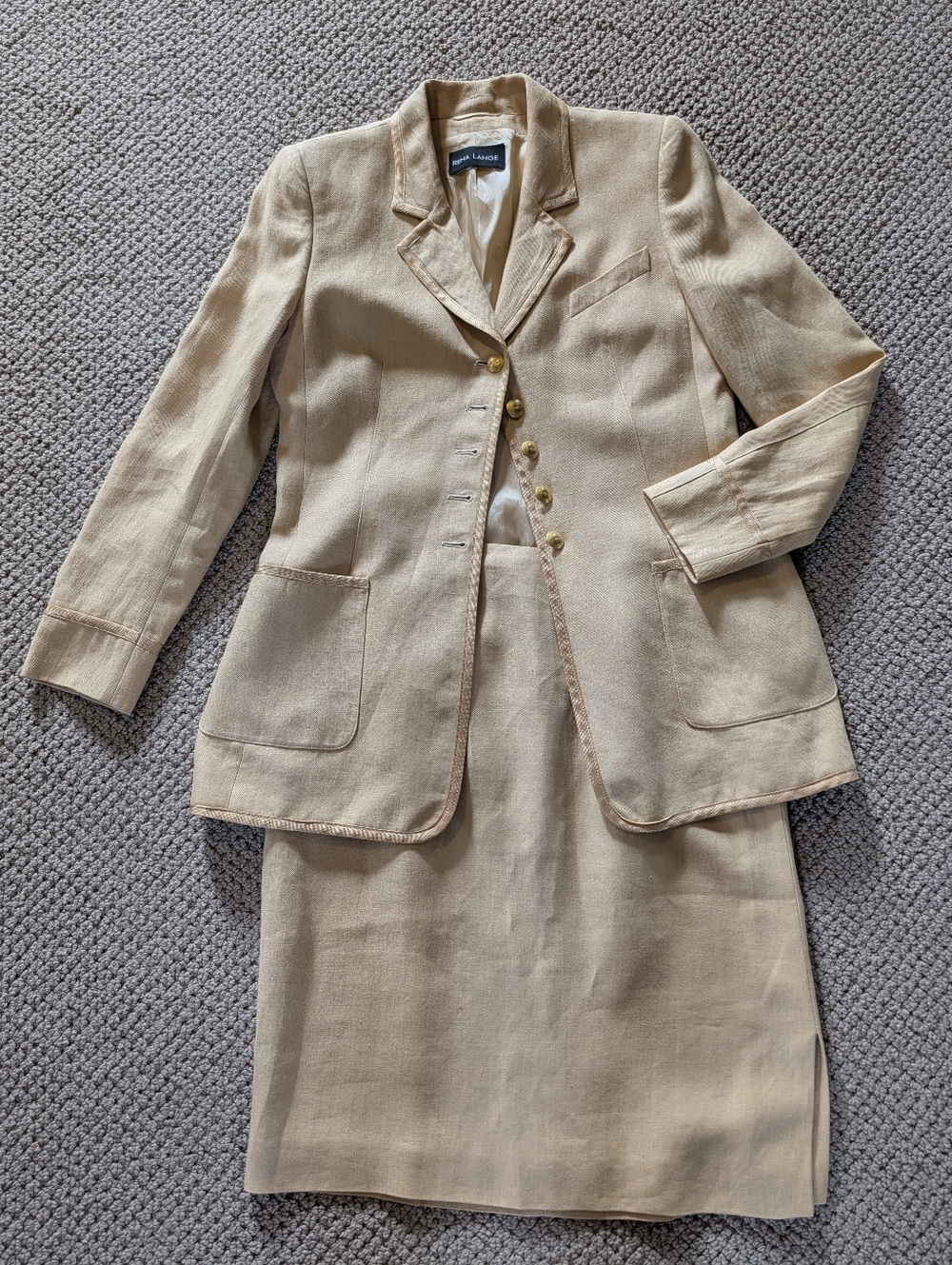 Rena Lange Camel Suit Tailored Blazer with Gold Buttons Pencil Skirt 12